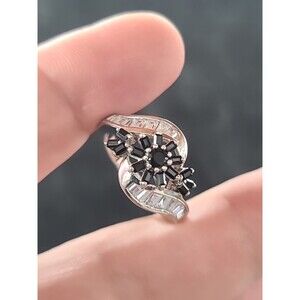 925 Sterling Silver Clear & Black Floral Glass Ring Size US 6.25 Vintage READ